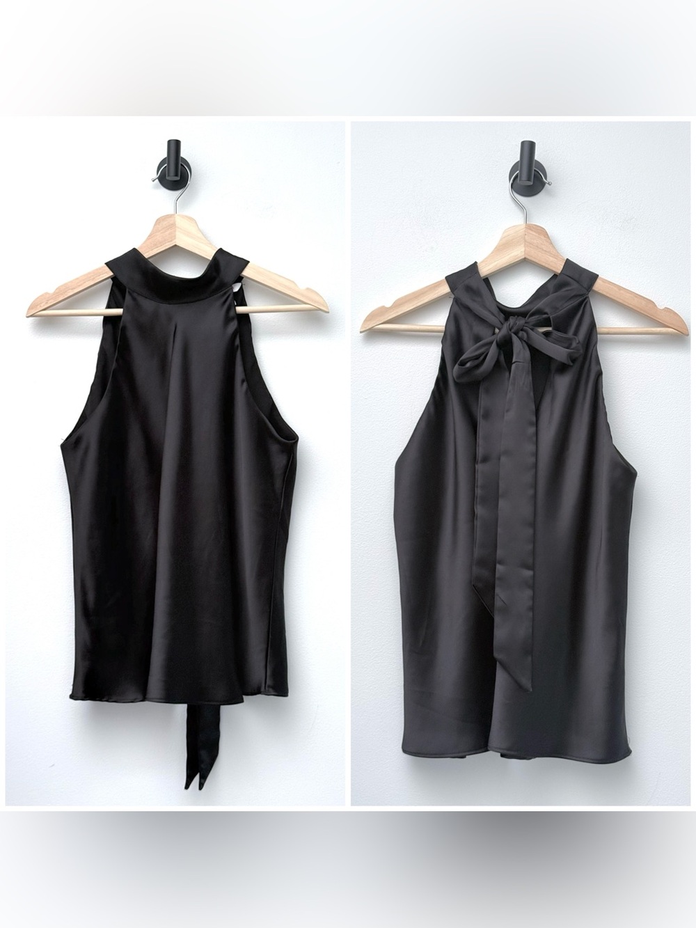 Joe Fresh Black Satin High-Neck Tie-Back Tank Top